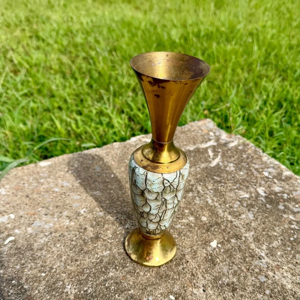 Vintage Old Dutch Delft Brass and Crackle Glaze Bud Vase Made in Holland 8 inch